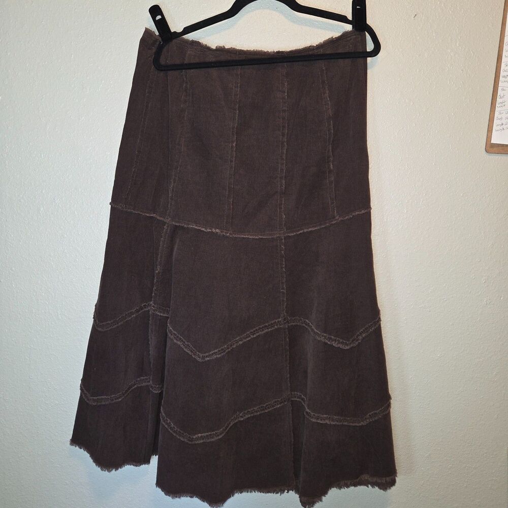 Venezia Chocolate Brown Corduroy Tiered Midi Skirt Patchwork Raw Hem